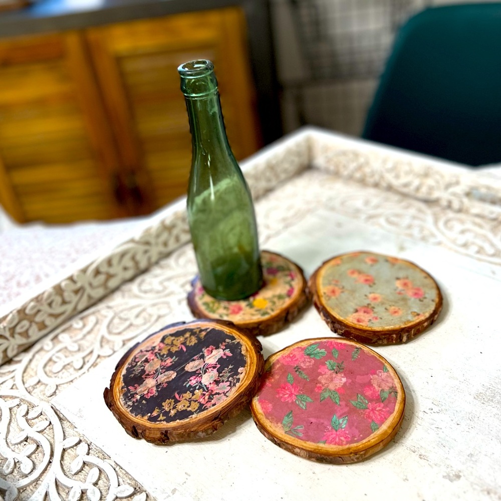 Handmade Distressed Floral Printed Wood Coasters